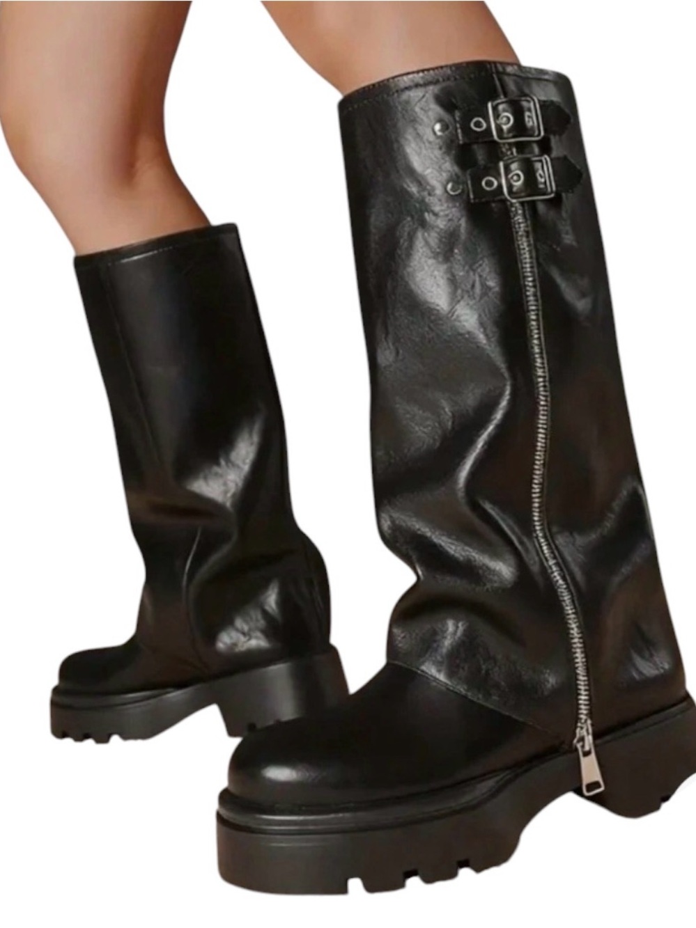 NEW Women's slouchy fold over Black knee hi Platform round toe boots Sz 9